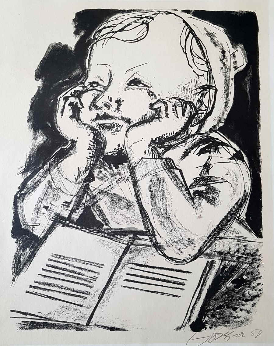 Horlbeck G�nter Lithographie Lesendes Kind 46x