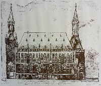 Leo Hugot Wiederherstellung des Aachener Rathauses Lithographie _130658d