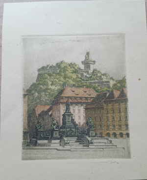 12 Graz Hauptplatz Erzherzog-Johann-Brunnen und Uhrturm am Schlossberg M.Hofer 547975d